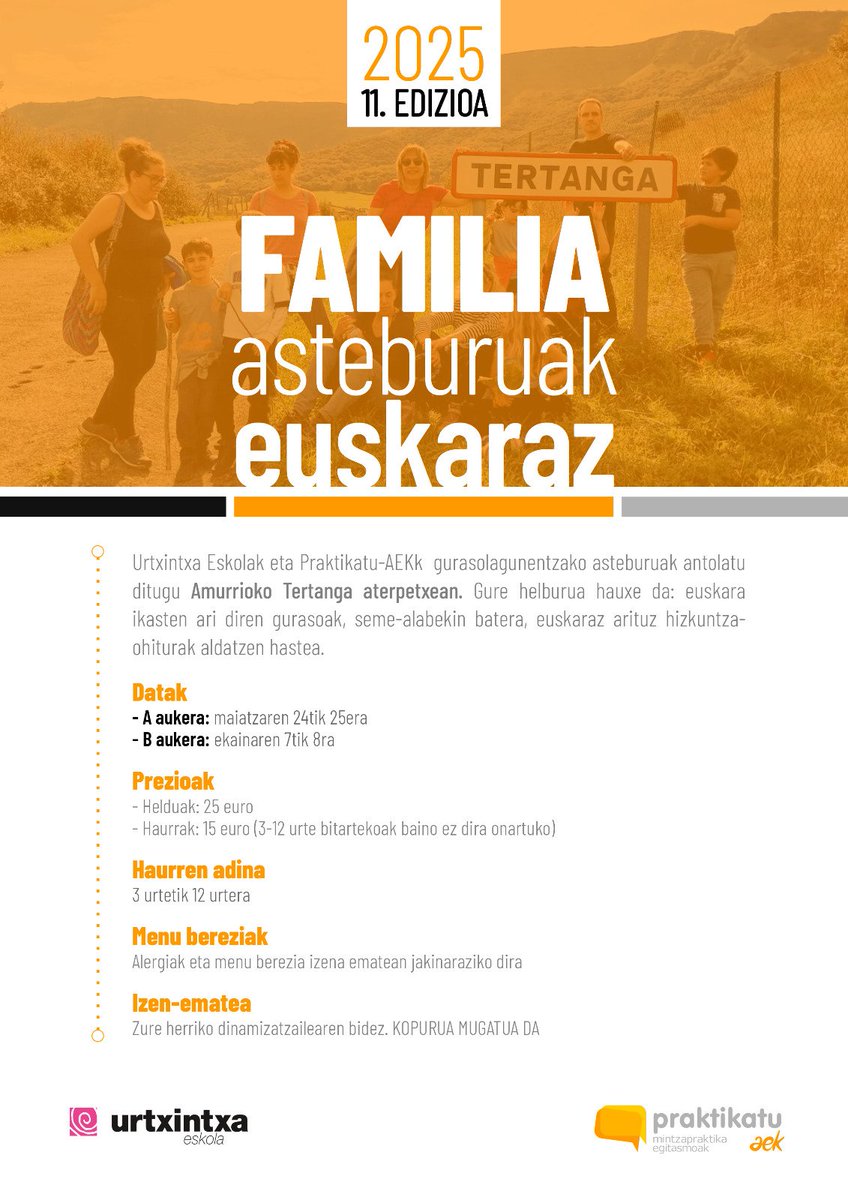 🪅FAMILIENTZAKO ASTEBURU-PASAK
🫶🏽Euskara praktikatu nahi duten gurasoak, seme-alabekin batera, hizkuntza ohiturak aldatzen hasteko.
 🧑‍🤝‍🧑Hainbat tailer eta jolas egingo ditugu <a href="/urtxintxaeskola/">Urtxintxa Eskola</a>-ko lagunekin
📆 Ekainak 7/8
Azkar ibili, plaza kopurua mugatua!
<a href="/praktikatu/">praktikatu AEK</a>