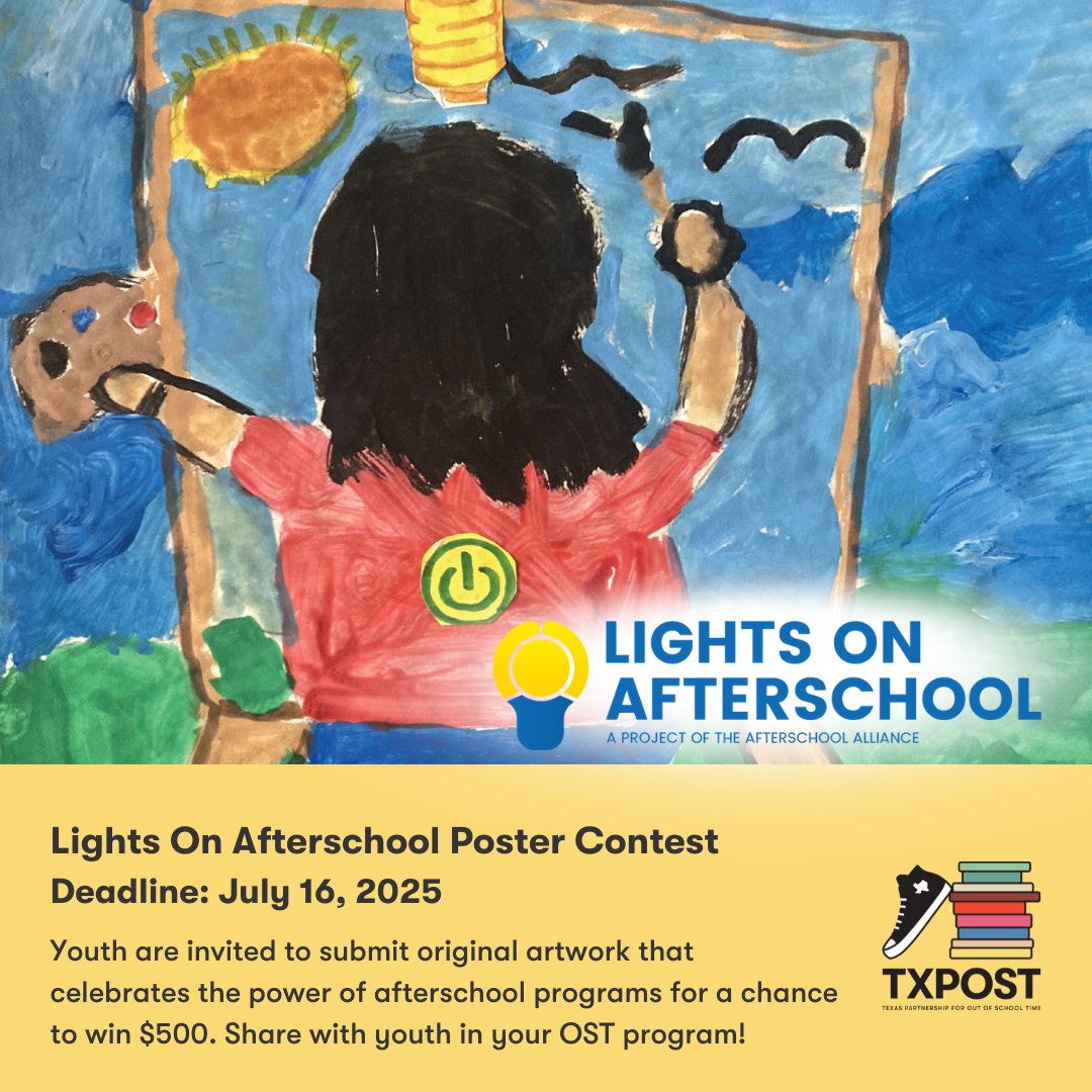TXPOST (@txpartners4ost) on Twitter photo 🎨 The <a href="/afterschool4all/">Afterschool Alliance</a> 2025 #LightsOnAfterschool Poster Contest is open! #TXPOST is calling on young Texans to submit original art that shows what #OutOfSchoolTime means to them for a chance to win $500 & global recognition. 🌍
đź—“ Deadline: July 16
🔗 bit.ly/3ZdOsO4 🎨 The <a href="/afterschool4all/">Afterschool Alliance</a> 2025 #LightsOnAfterschool Poster Contest is open! #TXPOST is calling on young Texans to submit original art that shows what #OutOfSchoolTime means to them for a chance to win $500 & global recognition. 🌍
đź—“ Deadline: July 16
đź”— bit.ly/3ZdOsO4