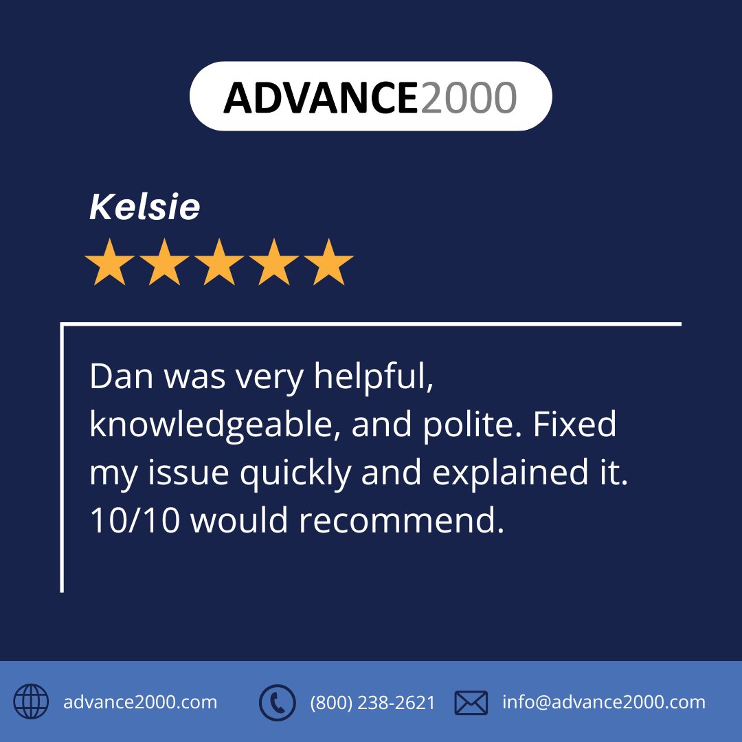 Quick fix, clear explanation, and top-notch service -- our team is knocking it out of the park! 🌠

#Advance2000 #HappyCustomer #ITService #ITSupport