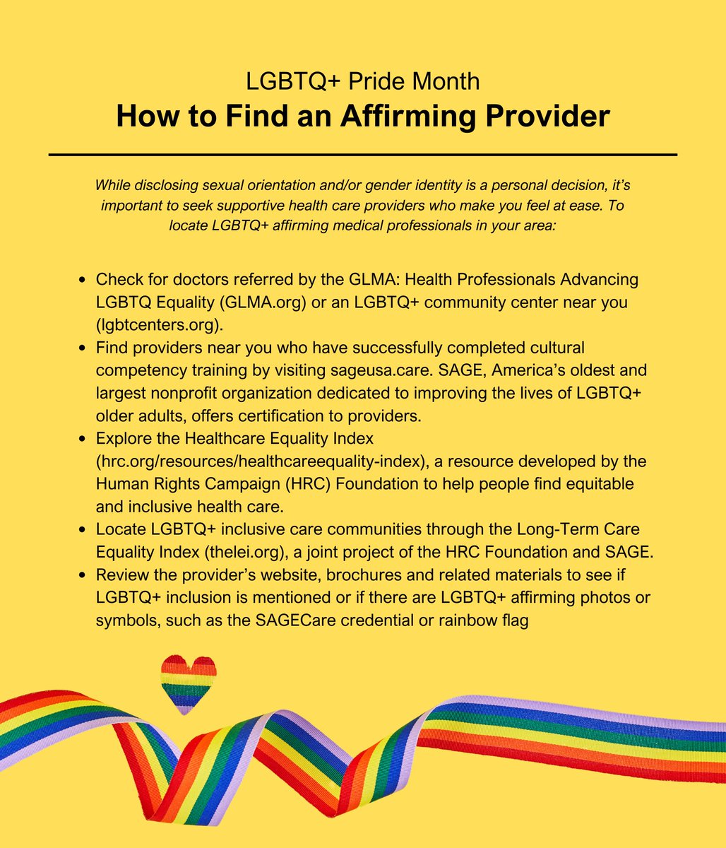 Illinois Cognitive Resources Network (@brainhealthil) on Twitter photo For LGBTQ+ adults, fear of discrimination and a history of negative interactions with healthcare providers may be an obstacle to seeking care.
Here is guidance from <a href="/alzassociation/">Alzheimer's Association</a> on how to seek out an affirming provider. Read more at alz.org/help-support/rā¦
#PrideMonth For LGBTQ+ adults, fear of discrimination and a history of negative interactions with healthcare providers may be an obstacle to seeking care.
Here is guidance from <a href="/alzassociation/">Alzheimer's Association</a> on how to seek out an affirming provider. Read more at alz.org/help-support/rā¦
#PrideMonth