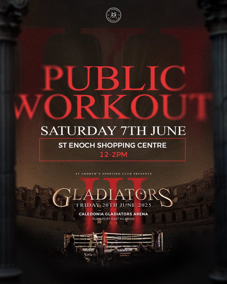 St Andrew's S.C (@standrewssc) on Twitter photo 𝑷𝑼𝑩𝑳𝑰𝑪 𝑾𝑶𝑹𝑲𝑶𝑼𝑻 ⚔️
📆 : Saturday 7th June
🕰️ : 12pm-2pm
📍: <a href="/StEnochCentre/">stenochcentre</a> , Glasgow
Join us to watch some of 𝑮𝑳𝑨𝑫𝑰𝑨𝑻𝑶𝑹𝑺 𝑰𝑰𝑰 line up training up close and personal! 𝑷𝑼𝑩𝑳𝑰𝑪 𝑾𝑶𝑹𝑲𝑶𝑼𝑻 ⚔️
📆 : Saturday 7th June
🕰️ : 12pm-2pm
📍: <a href="/StEnochCentre/">stenochcentre</a> , Glasgow
Join us to watch some of 𝑮𝑳𝑨𝑫𝑰𝑨𝑻𝑶𝑹𝑺 𝑰𝑰𝑰 line up training up close and personal!
