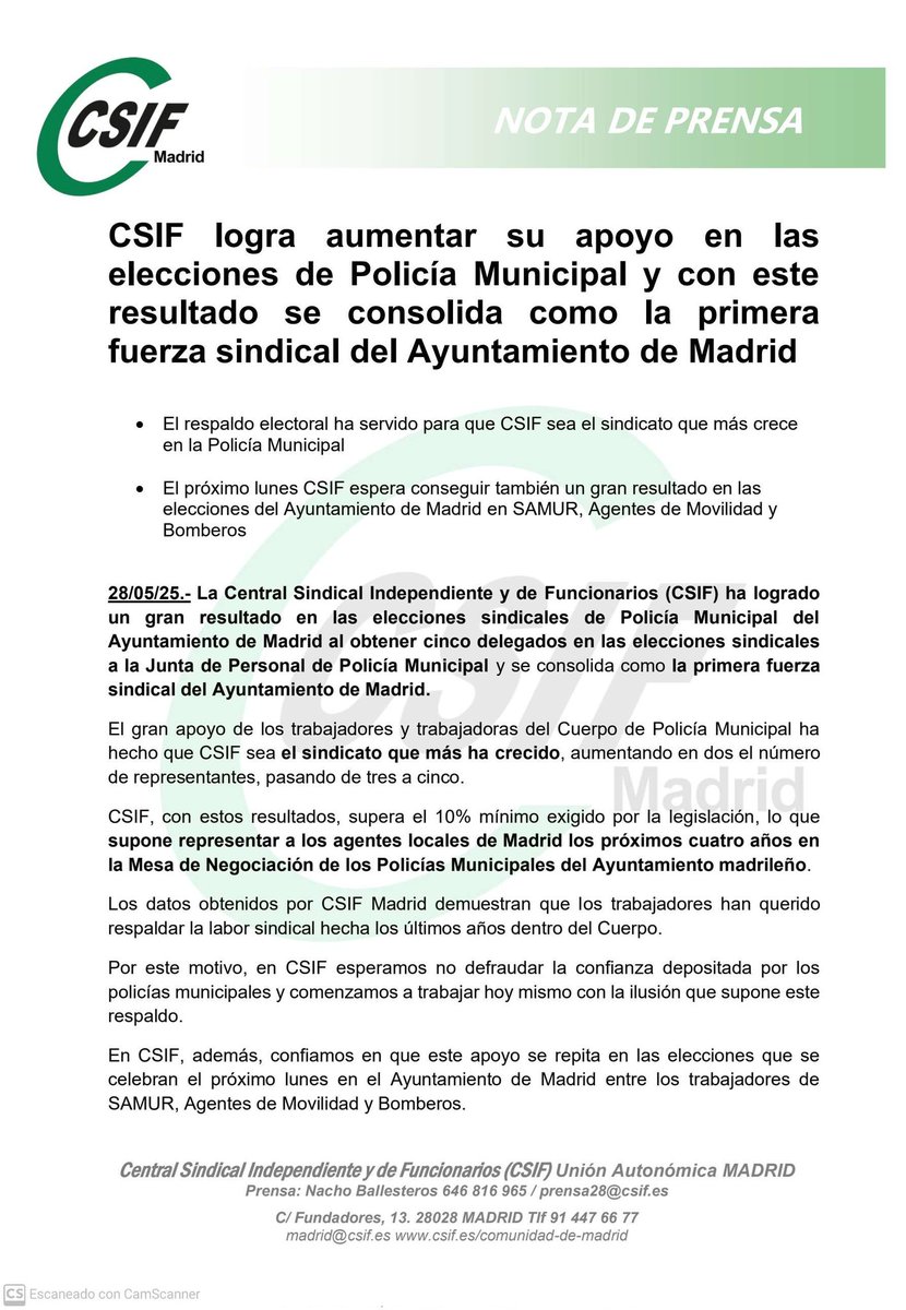 CSIFMADAyto's tweet photo. CSIF logra aumentar su apoyo en las elecciones de Policía Municipal y con este resultado se consolida como la primera fuerza sindical del Ayuntamiento de Madrid.

Todo trabajo tiene su recompensa!!!!

Seguiremos luchando por tod@s, gracias por vuestro apoyo.💪💪💪 https://t.co/O26O94YP8c