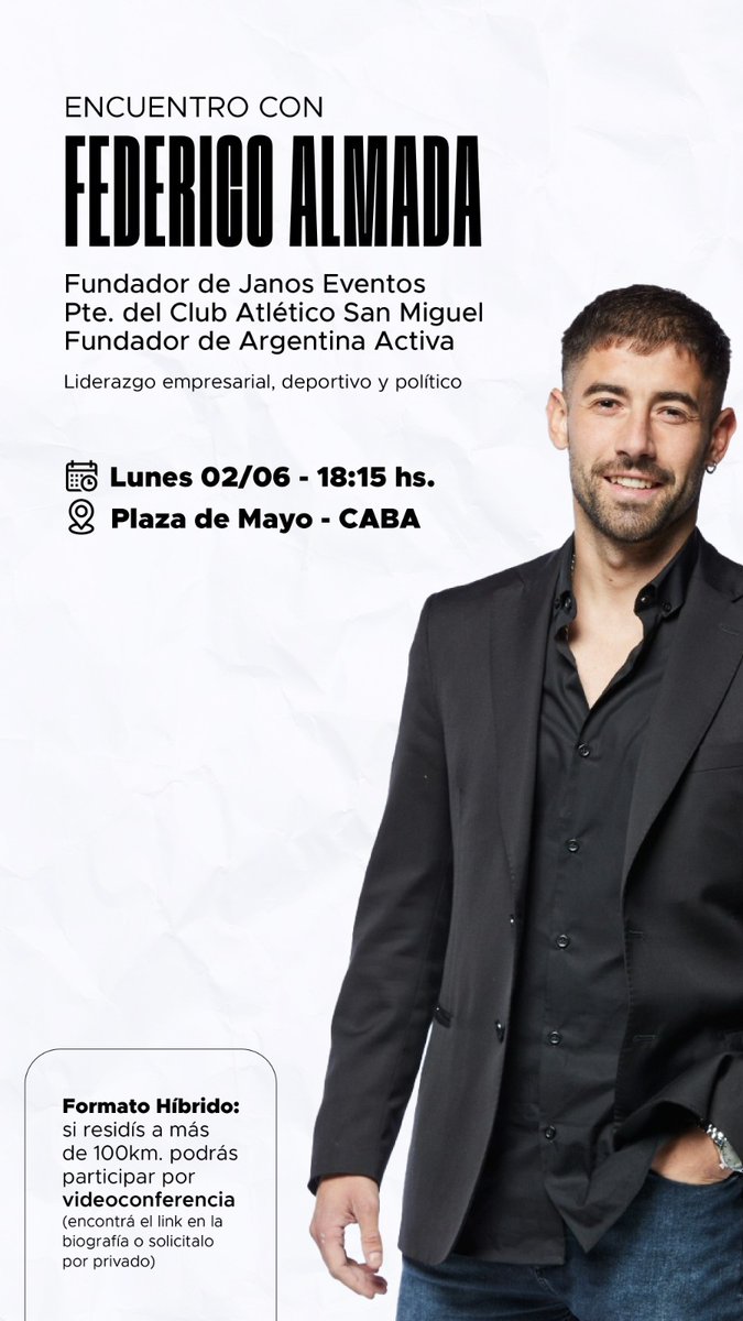 Este lunes se llevara a cabo un Encuentro con <a href="/FedeAlmadaOk/">Federico Almada</a>, Fundador de Jano's Eventos y Presidente de <a href="/Oficial_CASM/">Club Atlético San Miguel</a>.

Si conocés a algún emprendedor o alguien que quiera mejorar sus habilidades de Liderazgo, pasale este tweet 😉

Los esperamos!

docs.google.com/forms/d/16vM1M…