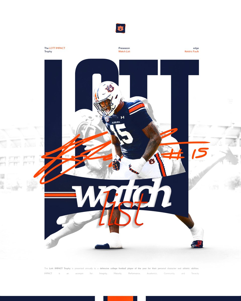 Auburn Football (@auburnfootball) on Twitter photo A whole 𝐋𝐎𝐓𝐓 to watch this season 👀
<a href="/FaulkKeldric/">keldric faulk</a> has been named to the Preseason Lott IMPACT Trophy Watch List 🦅 A whole 𝐋𝐎𝐓𝐓 to watch this season 👀
<a href="/FaulkKeldric/">keldric faulk</a> has been named to the Preseason Lott IMPACT Trophy Watch List 🦅