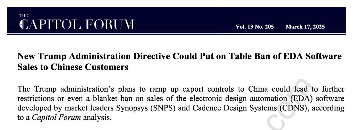 $SNPS $CDNS 
Our team flagged the risk here in March....