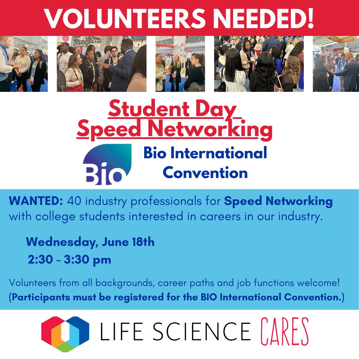 Give back as part of your participation at BIO! We're looking for 40 industry professionals to spend an hour speed networking with students interested in careers in the industry. Register at lnkd.in/eNnY_25C.

(NOTE: You must be registered for #BIO2025 to participate.)