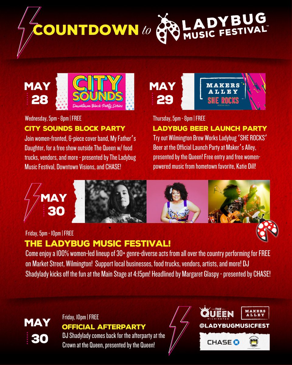 Countdown to Ladybug!

📍May 28 at 5 PM – City Sounds Block Party 
🍻May 29 at 5 PM – Ladybug Beer Launch Party at Maker's Alley
🎉May 30 at 5 PM – The Ladybug Music Festival
🎧May 30 at 10:30 PM – Official After Party at The Crown at The Queen

📸 Moonloop Photography