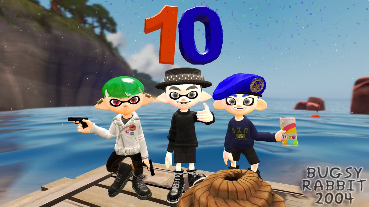 BugsyRabbit2004's tweet photo. I made a poster for the 10th anniversary of Splatoon 1 being released on the Wii U! Me, @inkarox, and Mr. DyS' OCs are here to celebrate!  Although it's far from perfect, I'm still forever grateful for one of the best series I've experienced.🐰🎉 https://t.co/dC6yfPPeia