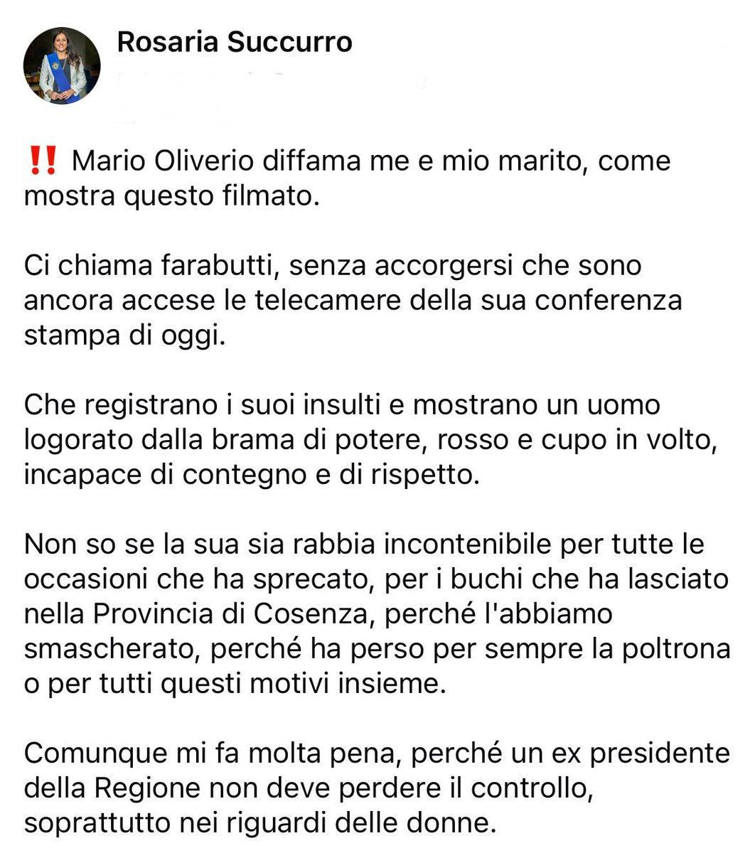 RosariaSuccurro's tweet photo. Mario Oliverio diffama me e mio marito, come mostra questo filmato. 

Ci chiama farabutti, senza accorgersi che sono ancora accese le telecamere della sua conferenza stampa di oggi. 

Che registrano i suoi insulti e mostrano un uomo logorato dalla brama di potere, rosso e cupo👇 https://t.co/OFK9Z5SacR
