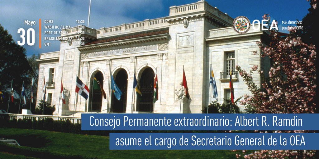OEA (@oea_oficial) on Twitter photo #VIERNES | Consejo Permanente extraordinario: Albert R. Ramdin <a href="/SG_OEA_OAS/">SG_OEA_OAS</a>, asume el cargo de Secretario General de la #OEA
🗓️ 30 de mayo
⏰ 11:30 EDT (15:30 GMT)
📺 oas.org
📍 Salón de las Americas
ℹ️oas.org/es/centro_noti… #VIERNES | Consejo Permanente extraordinario: Albert R. Ramdin <a href="/SG_OEA_OAS/">SG_OEA_OAS</a>, asume el cargo de Secretario General de la #OEA
🗓️ 30 de mayo
⏰ 11:30 EDT (15:30 GMT)
📺 oas.org
📍 Salón de las Americas
ℹ️oas.org/es/centro_noti…
