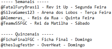 ronaldocharuto's tweet photo. Torneios de  #ffcotw a todo vapor na cena brasileira.
Já segue a galera para ficar de olho nos links de inscrição e mais detalhes!
@FatalFuryBrasil 
@SilvaGames123
@Alemeras_
@TeamwSSFGC 
@FichaFinalFGC
@theslugfestbr 
Quarta e Sexta são os únicos dias que não tem torneio online. https://t.co/3gTpzLYDGI