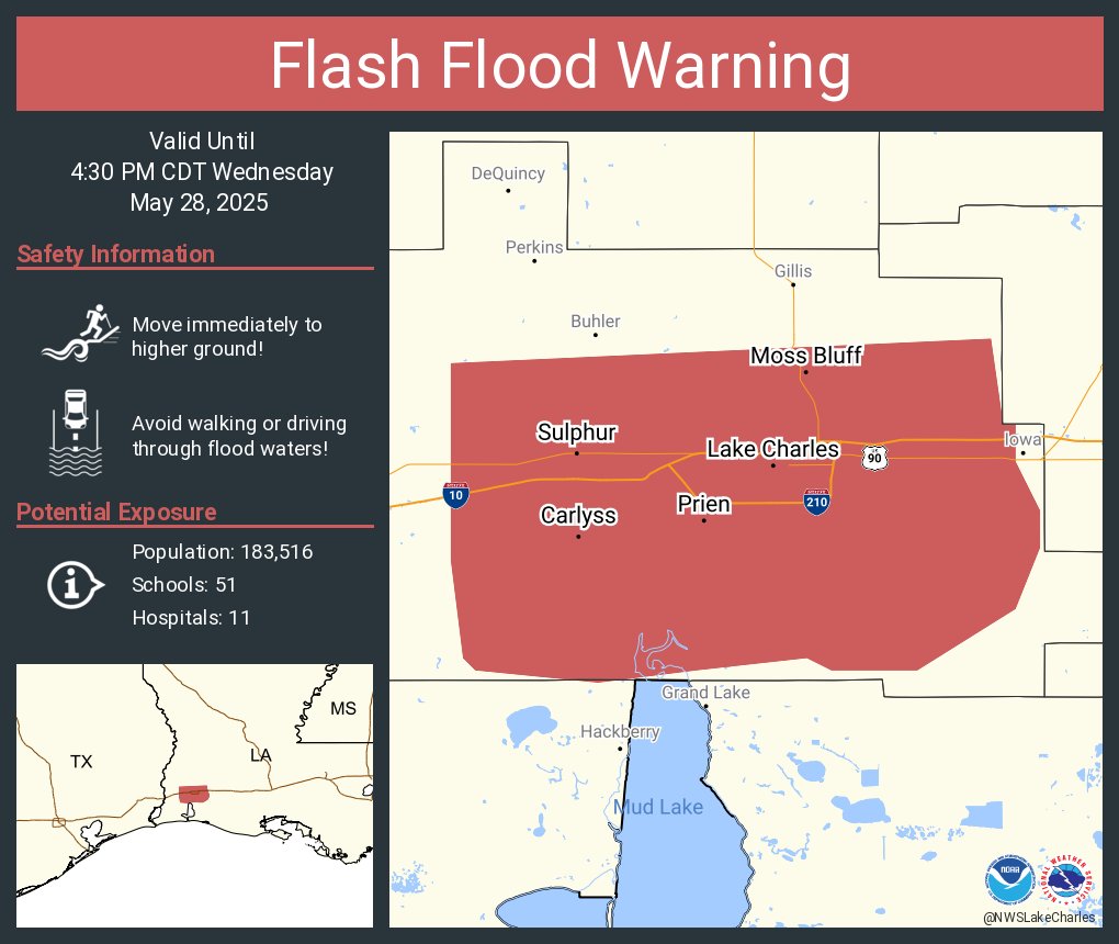 Flash Flood Warning including Lake Charles LA, Sulphur LA and  Moss Bluff LA until 4:30 PM CDT
