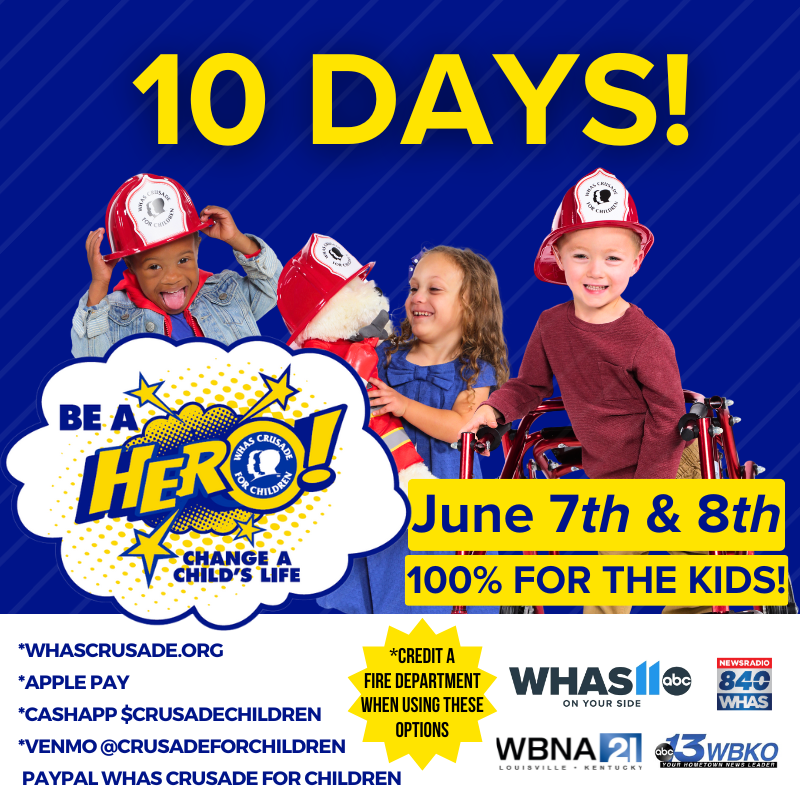 CrusadeChildren's tweet photo. 🔟 DAYS until the 72nd WHAS Crusade for Children JUNE 7 -8! Go to https://t.co/cgTy87xmrY to learn how you can BE A HERO & CHANGE A CHILD'S LIFE.
L👀K OUT for Fire Departments 🚒 collecting at intersections 🚦, going door to door 🏠 and hosting lots of great events! #WHASCrusade https://t.co/yVA6Q469XC