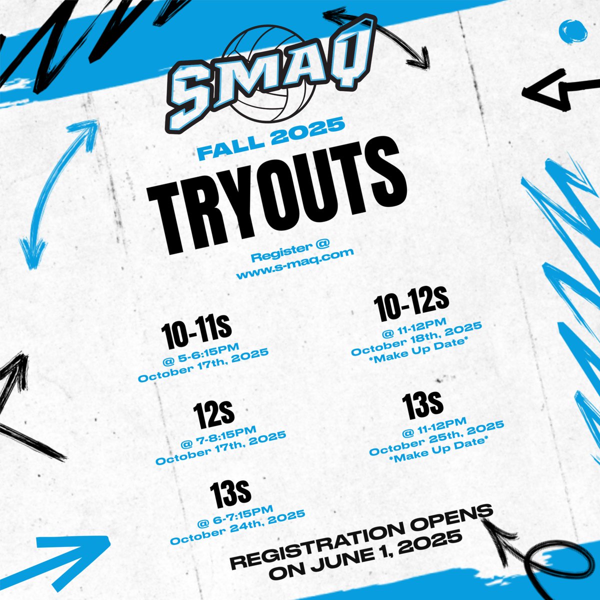 ‼️ SAVE THE DATE ‼️

SMAQ 2025 Summer &amp; Fall 🏐 Tryout REGISTRATION OPENS JUNE 1st‼️

These tryouts are for the 2026 Season

Questions: smaqvolleyballclub@yahoo.com