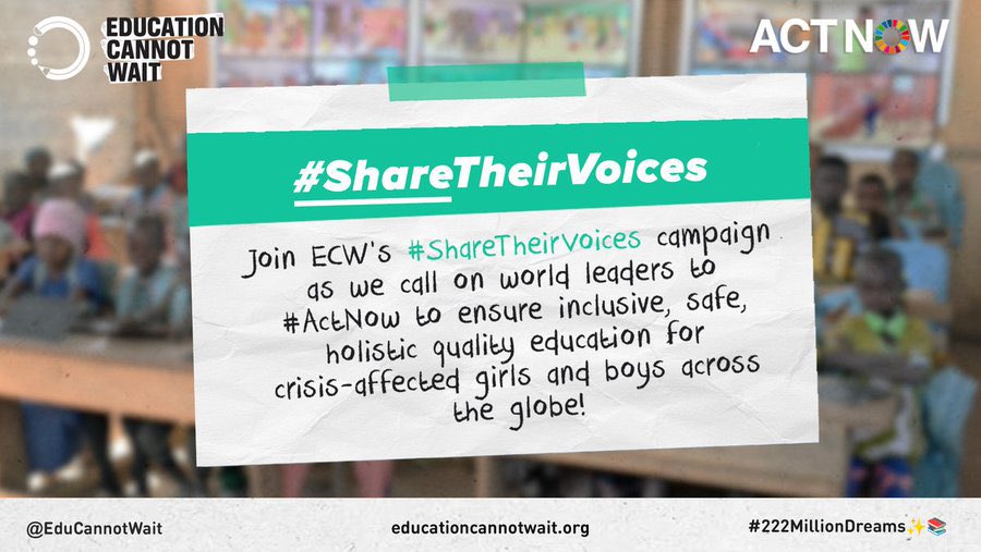 Education Cannot Wait (@educannotwait) on Twitter photo 🚨Millions of children are left furthest behind their right to quality education.
Please retweet <a href="/EduCannotWait/">Education Cannot Wait</a>'s #ShareTheirVoices campaign to amplify testimonies of crisis-affected girls/boys & call on donors to increase funding for #ECW!🙏
educationcannotwait.org/share-their-vo… #ActNow 🚨Millions of children are left furthest behind their right to quality education.
Please retweet <a href="/EduCannotWait/">Education Cannot Wait</a>'s #ShareTheirVoices campaign to amplify testimonies of crisis-affected girls/boys & call on donors to increase funding for #ECW!🙏
educationcannotwait.org/share-their-vo… #ActNow