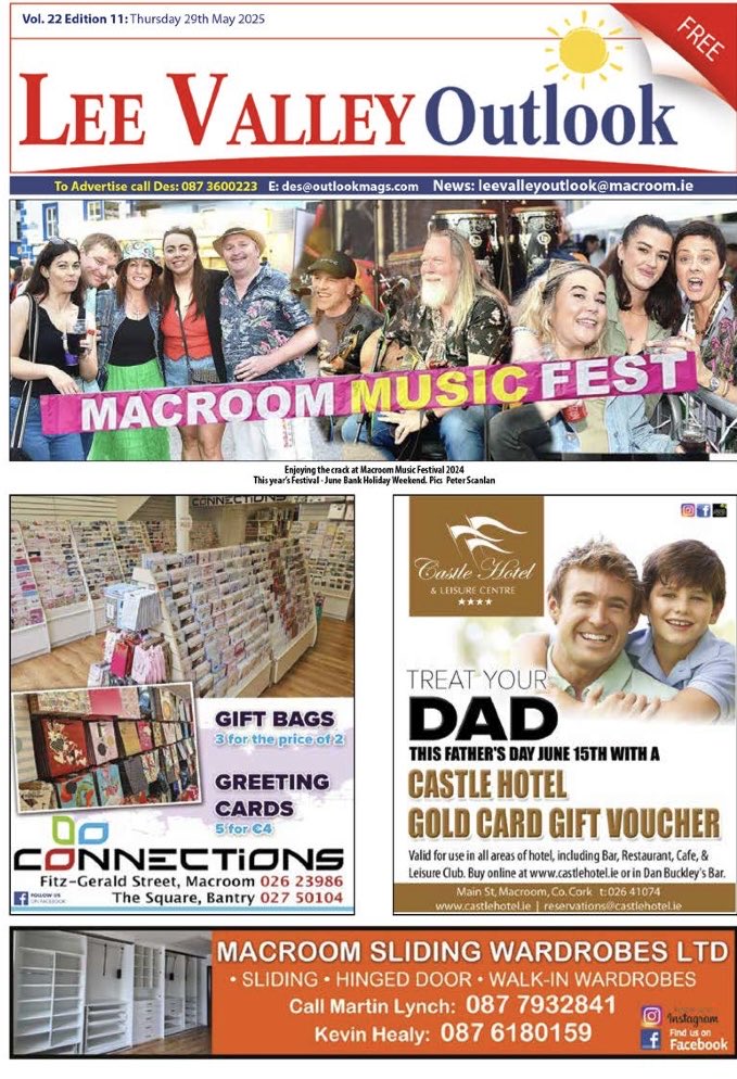 Be sure to pick up this weeks copy of LeeValley Outlook in your local Macroom store tomorrow or view online at outlookmags.com LeeValley Outlook for all that’s happening in Macroom - Business and Community events Sport and Local News. Please  support our advertisers