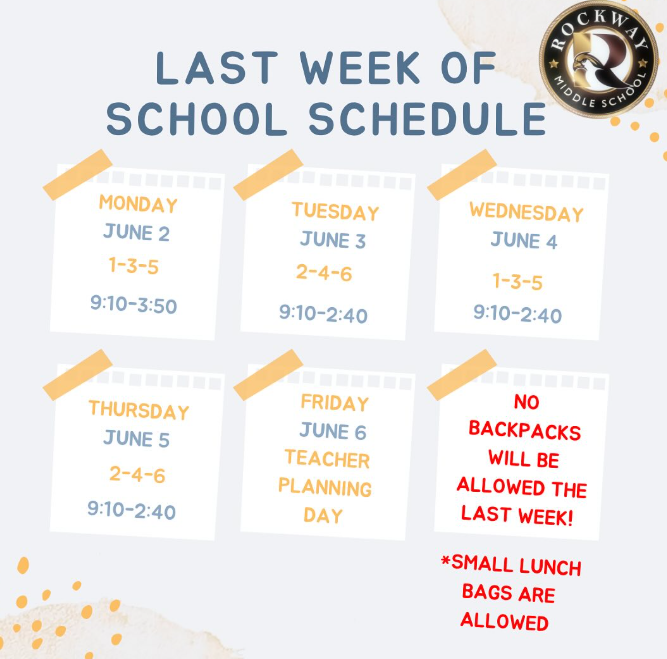 Last week of school schedule! Early release dates have been set on Tuesday, June 3rd, Wednesday, June 4th, and Thursday, June 5th! Classes end at 2:40 pm so plan accordingly!