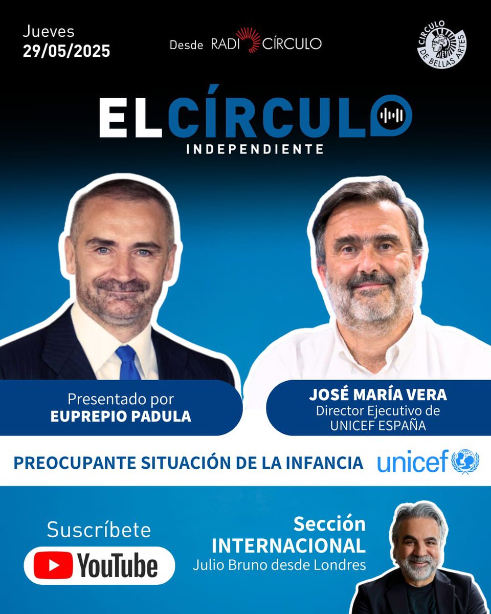 El Círculo Independiente (@elcirculoin) on Twitter photo 🔴 Toma nota de todo lo que te hemos preparado para esta semana en #ElCirculoIndependiente.
➡️ JUEVES: Hablamos con <a href="/Chema_Vera/">Chema Vera</a> José María Vera, Director Ejecutivo de <a href="/unicef_es/">UNICEF España</a>.
youtube.com/@elcirculoinde… 🔴 Toma nota de todo lo que te hemos preparado para esta semana en #ElCirculoIndependiente.
➡️ JUEVES: Hablamos con <a href="/Chema_Vera/">Chema Vera</a> José María Vera, Director Ejecutivo de <a href="/unicef_es/">UNICEF España</a>.
youtube.com/@elcirculoinde…