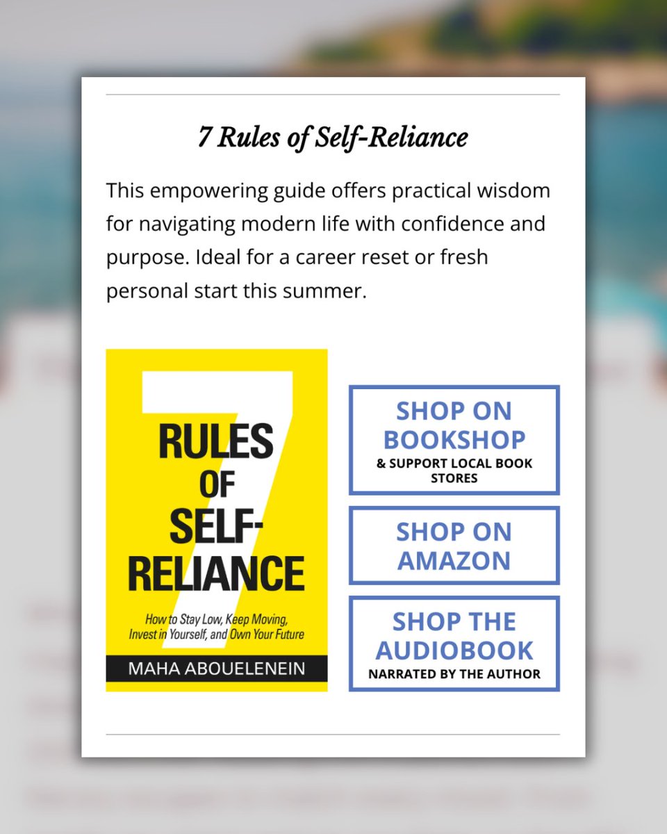 Maha Abouelenein (@mahagaber) on Twitter photo 7 Rules of Self-Reliance was selected for <a href="/mariashriver/">Maria Shriver</a> ās Sunday Paper 2025 Summer Reading List!!
Grateful to every reader whoās picked up this book and made it part of their own story. 7 Rules of Self-Reliance was selected for <a href="/mariashriver/">Maria Shriver</a> ās Sunday Paper 2025 Summer Reading List!!
Grateful to every reader whoās picked up this book and made it part of their own story.