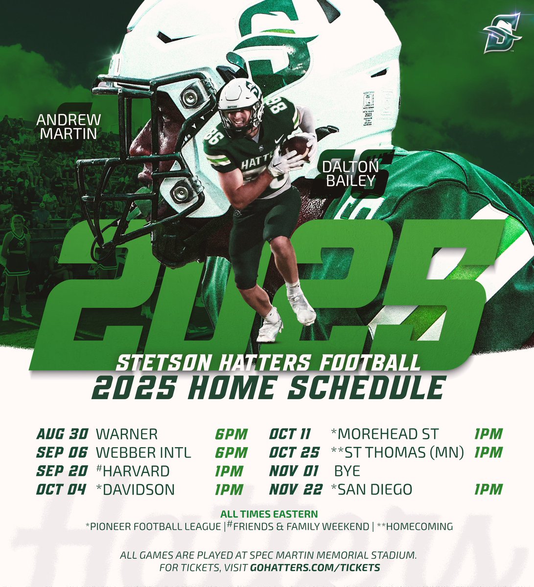 Stetson Football (@stetsonfootball) on Twitter photo ๐๐ถ๐ฐ๐ธ๐ผ๐ณ๐ณ ๐๐ถ๐บ๐ฒ๐ ๐ณ๐ผ๐ฟ ๐๐ต๐ฒ ๐ฎ๐ฌ๐ฎ๐ฑ ๐๐ฒ๐ฎ๐๐ผ๐ป!
Grab your season tickets below.
๐ bit.ly/4kgmHNe
๐๏ธ bit.ly/3SsgCkG
#GoHatters | #DefendDeLand | <a href="/StetsonHatters/">Stetson Hatters</a> | <a href="/StetsonU/">Stetson University</a> ๐๐ถ๐ฐ๐ธ๐ผ๐ณ๐ณ ๐๐ถ๐บ๐ฒ๐ ๐ณ๐ผ๐ฟ ๐๐ต๐ฒ ๐ฎ๐ฌ๐ฎ๐ฑ ๐๐ฒ๐ฎ๐๐ผ๐ป!
Grab your season tickets below.
๐ bit.ly/4kgmHNe
๐๏ธ bit.ly/3SsgCkG
#GoHatters | #DefendDeLand | <a href="/StetsonHatters/">Stetson Hatters</a> | <a href="/StetsonU/">Stetson University</a>