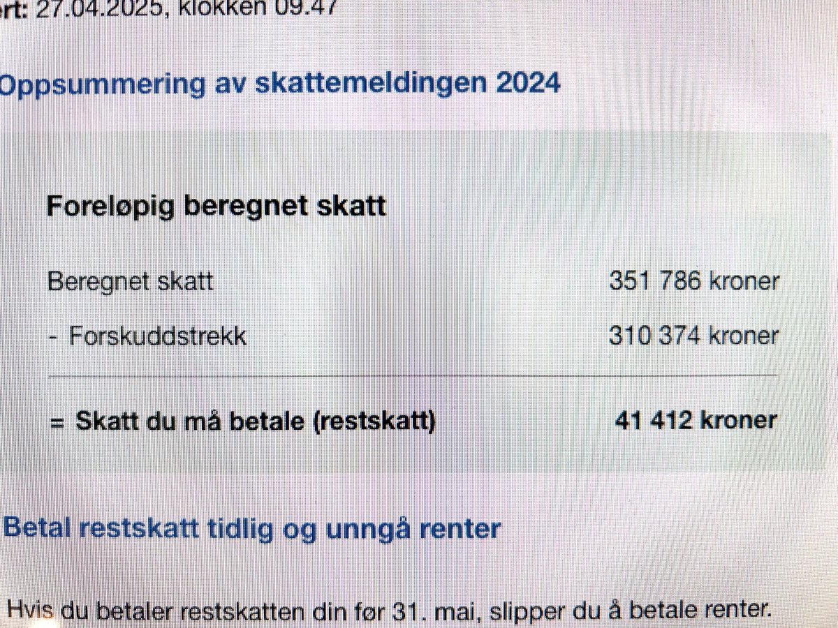 Betalt innen fristen, og unngår dermed over 1600 i renter. #restskatt #skatt