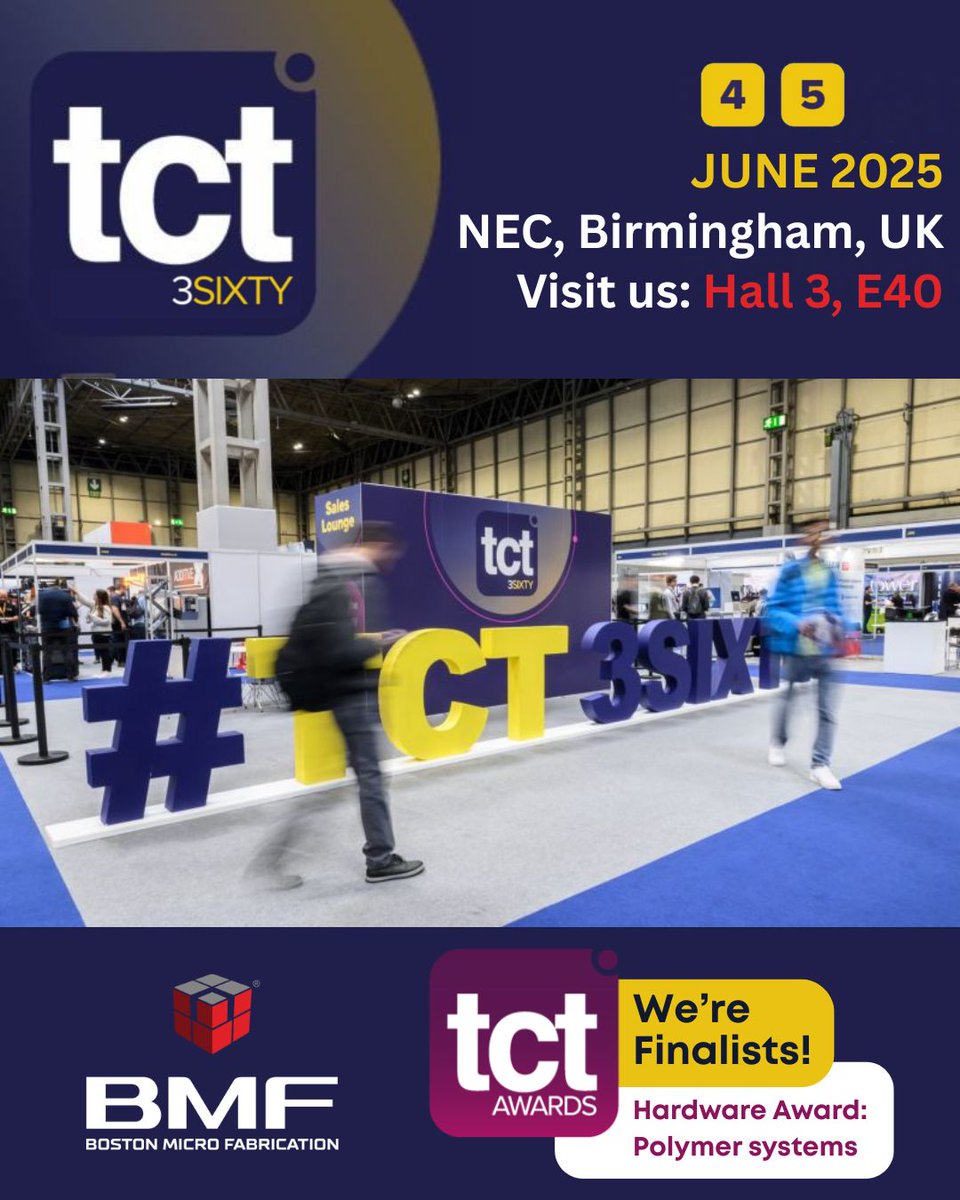 🌟 BMF will be exhibiting at The TCT Group 3Sixty 2025 next week, taking place on June 4–5 at the NEC Birmingham, UK.

As the global leader in micro-precision 3D printing, we're excited to showcase our cutting-edge Projection Micro Stereolithography (PµSL) technology, which