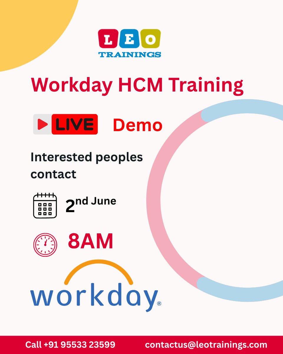 leotrainings's tweet photo. 🚨 Live Demo Alert! 🚨

🔴 Live Demo – Don’t Miss Out!
📞 Call: +91 95533 23599
📧 Email: contactus@leotrainings.com

👉 Secure your spot now and step into the world of Workday HCM!  
#LeoTrainings #WorkdayHCM 
#leotrainings https://t.co/e51YD01WeX
