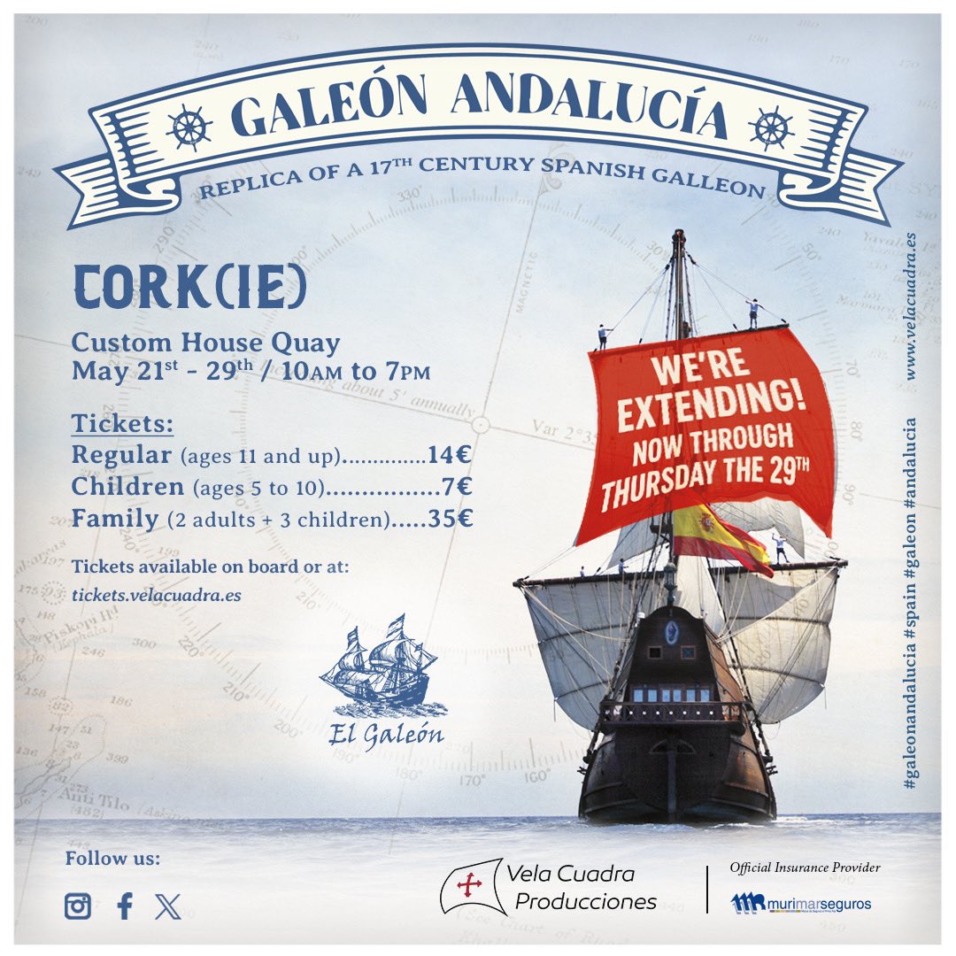Pure Cork (@pure_cork) on Twitter photo Tomorrow is your last chance to board Galeรณn Andalucรญa before it sets sail again. 
Book your tickets now at tickets.velacuadra.es 
#PureCork #CorkHarbourFest Tomorrow is your last chance to board Galeรณn Andalucรญa before it sets sail again. 
Book your tickets now at tickets.velacuadra.es 
#PureCork #CorkHarbourFest