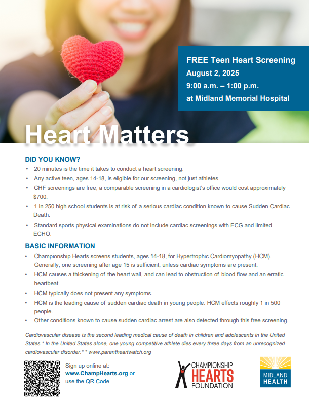 Alfred Acosta Jr (@a_acosta_jr) on Twitter photo ❤️FREE Heart Screenings for Students! ❤️
August 2, 2025
Midland Memorial Hospital
Ages 14–18
It’s quick and easy, so go get screened early.
#StudentAthletes #FreeScreening
<a href="/AthleticsMISD/">Midland ISD Athletics</a> ❤️FREE Heart Screenings for Students! ❤️
August 2, 2025
Midland Memorial Hospital
Ages 14–18
It’s quick and easy, so go get screened early.
#StudentAthletes #FreeScreening
<a href="/AthleticsMISD/">Midland ISD Athletics</a>