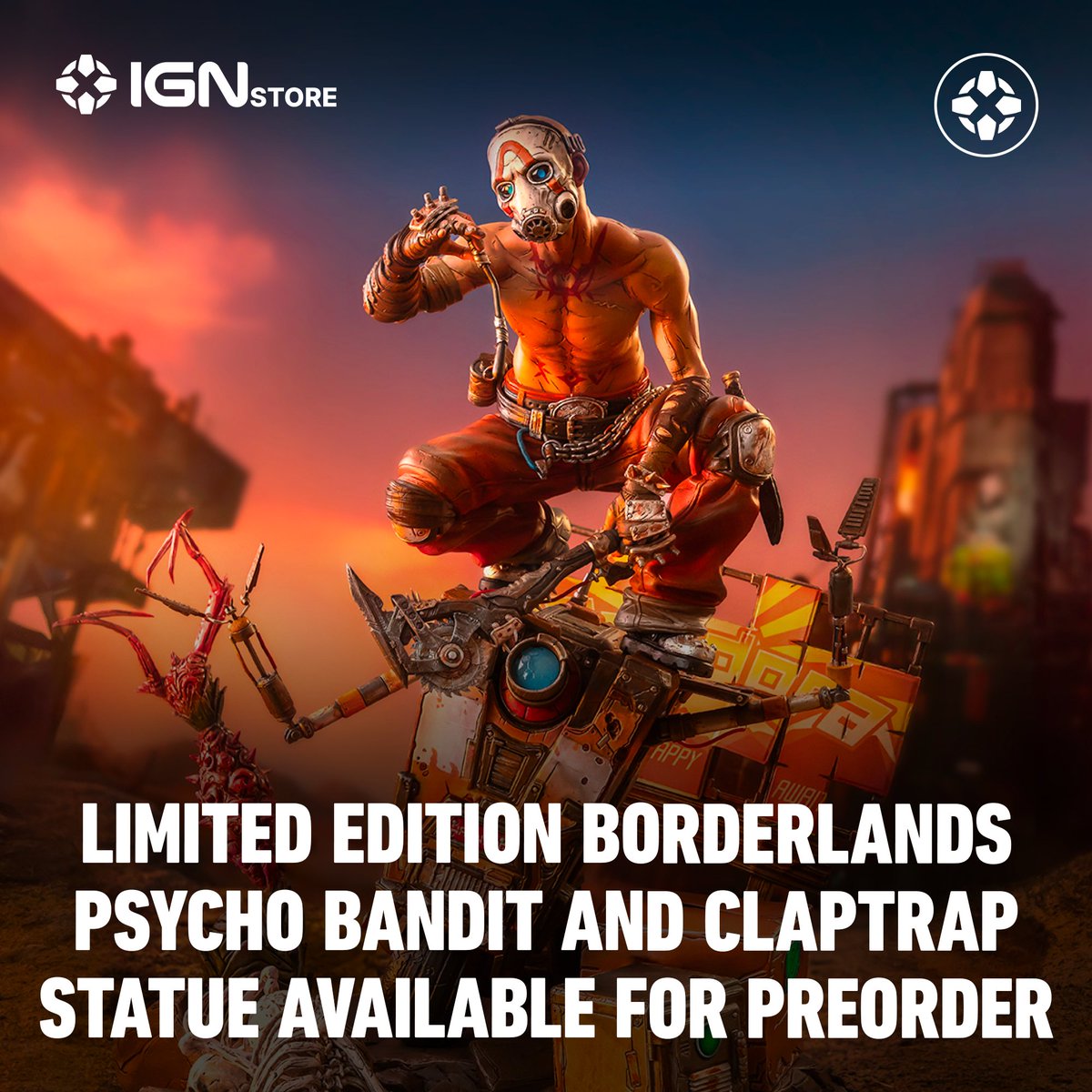 bit.ly/4dCC2p3 Welcome to Pandora, where your happy ending awaits! Bring the mayhem and chaos of Borderlands to life with this 1/6 Scale Diorama of the iconic Psycho Bandit playfully tormenting hapless robot Claptrap in front of a “scenic” Pandoran vista! Shop now