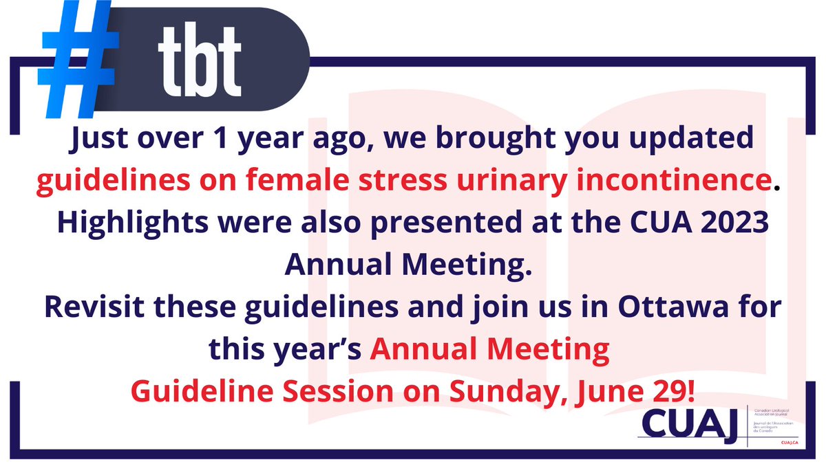 #CUATBT  Click to view &gt;&gt;&gt;2024 Canadian Urological Association guideline: Female stress urinary incontinence&gt;&gt;&gt;cuaj.ca/index.php/jour…
CUA Annual Meeting info here&gt;&gt;&gt;cuameeting.org