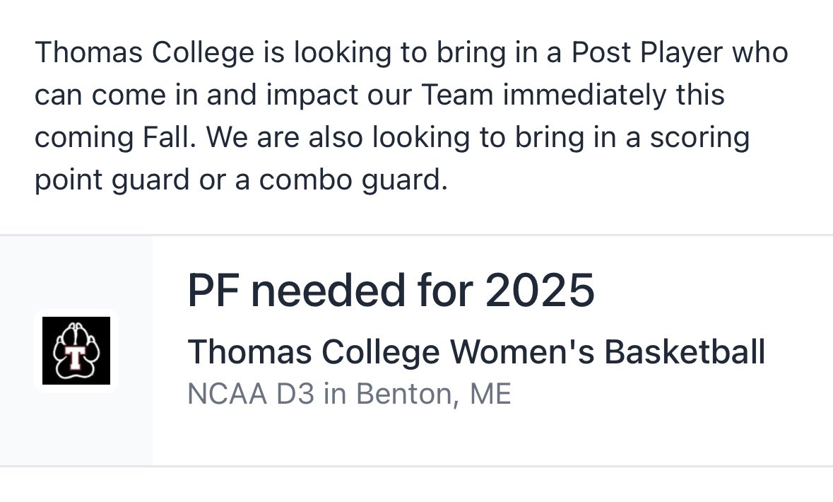 LOOKING FOR 25s!
Come play basketball the way it should be played…in Maine with Thomas College! DMs are open. 

#uncommitted #collegebasketball #womensbasketball