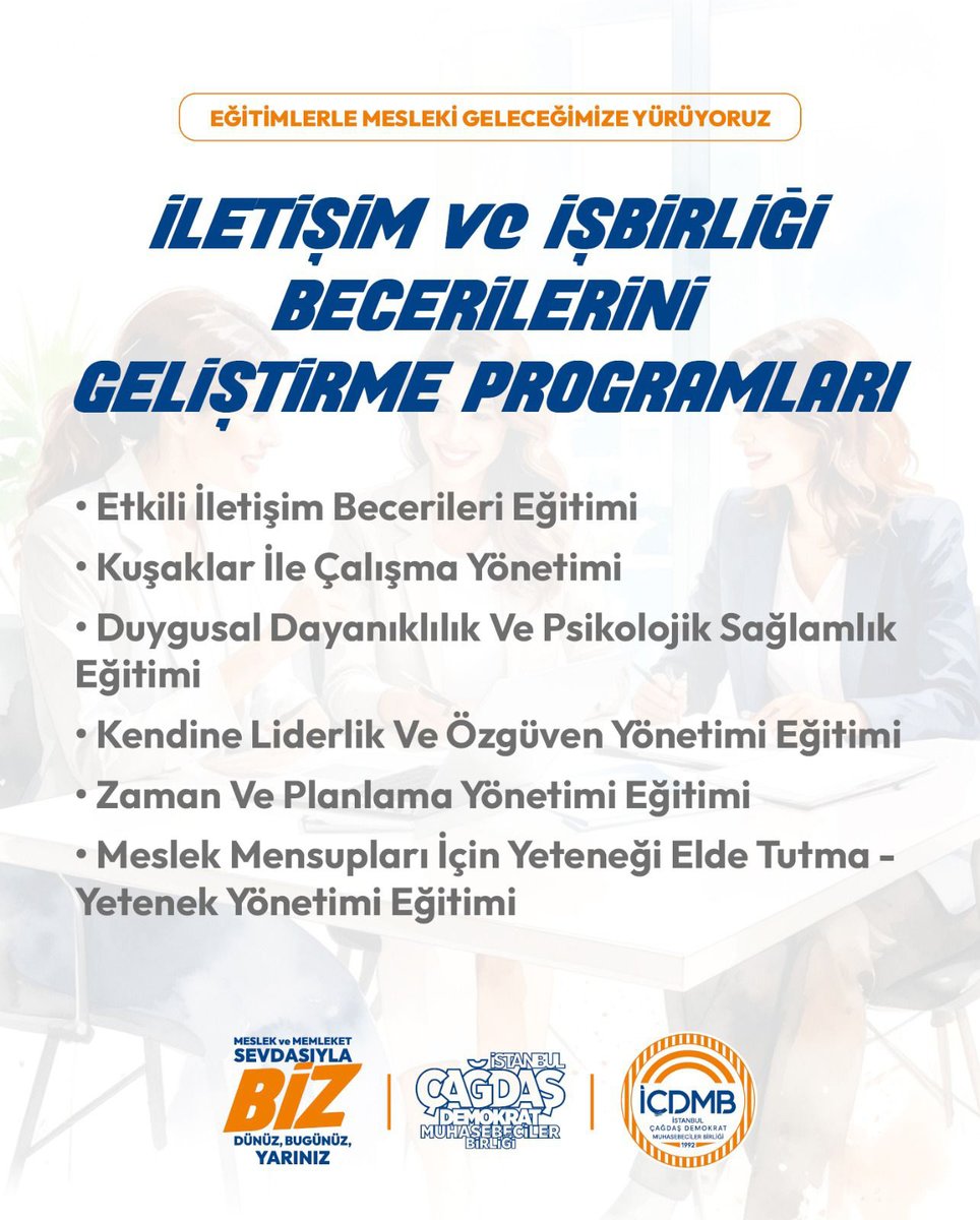 CDMBISTANBUL's tweet photo. Eğitimlerimiz Mesleğimizin Geleceğine Yol Oluyor:
İletişim ve İşbirliği Becerilerini Geliştirme Programları

#İÇDMB #BizYarınız #İletişim https://t.co/Ggw8NtWjZI