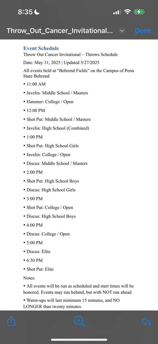 Saturday’s meet schedule