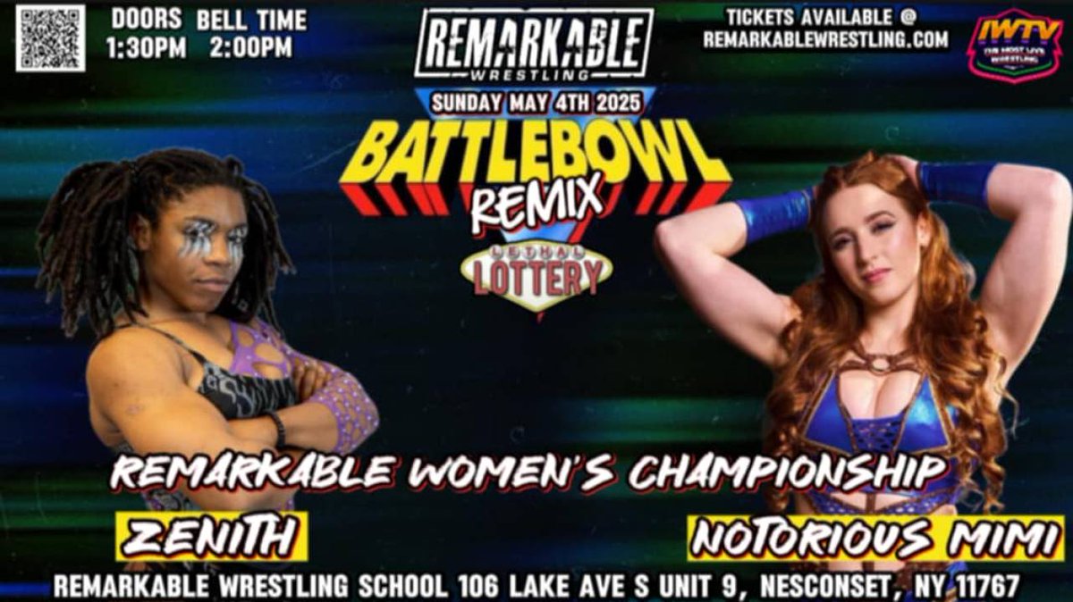 IWTV (@indiewrestling) on Twitter photo Tonight
8pm ET on IWTV.live
<a href="/RemarkableWres/">REMARKABLE WRESTLING</a>
#BattleBowlRemix
Notorious Mimi vs Zenith
Lethal Lottery Battle Bowl Tournament
IWTV.live
#IndependentWrestling #ProWrestling #IndieWrestling #IWTV Tonight
8pm ET on IWTV.live
<a href="/RemarkableWres/">REMARKABLE WRESTLING</a>
#BattleBowlRemix
Notorious Mimi vs Zenith
Lethal Lottery Battle Bowl Tournament
IWTV.live
#IndependentWrestling #ProWrestling #IndieWrestling #IWTV