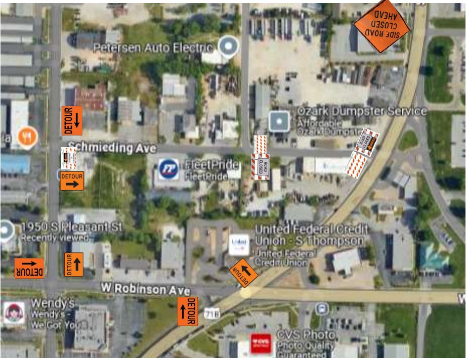 ROAD CLOSURE 1000 Schmieding Ave will be closed starting on 06/02/2025-06/13/2025. Please see map for more information.
