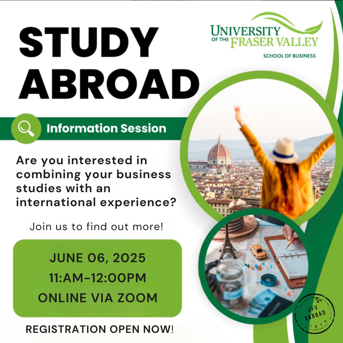📢 BUSINESS STUDENTS - WANT TO GO GLOBAL? 🌍

Join us for a STUDY ABROAD Info Session and discover how real int'l experience can BOOST YOUR CAREER! 📊 ✈️

📅 Date: June 6
🕚 Time: 11:00 AM – 12:00 PM
💻 Location: Zoom
👉 Sign up: ow.ly/8Ejo50W0mG9

#UFV #goUFV #StudyAbroad
