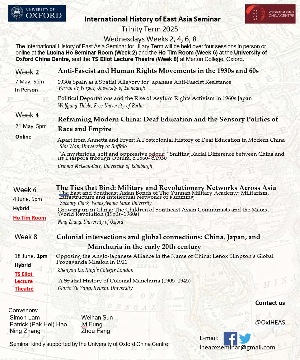 Here is our updated termcard for TT25 - Please note that our Week 6 session will take place on 4 June at 5pm in the Ho Tim Room at the University of Oxford China Centre, while our Week 8 session will take place on 18 June at 1pm in the T.S. Eliot Lecture Theatre at Merton College