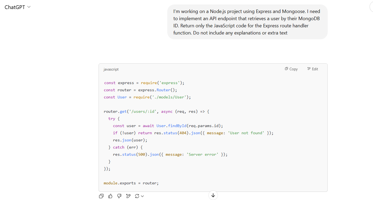jaybeedebbie's tweet photo. It's my 2nd task on @alx_africa AI for Developers program. 
Just crafted a Contextual + System Prompt to generate clean Express route code using AI!
The task? Build a "get user by ID" API using Node.js + Express + Mongoose.

#ALX_AIDEV @alx_africa @kalibetre @jbarbier https://t.co/nG3hgVIQpP