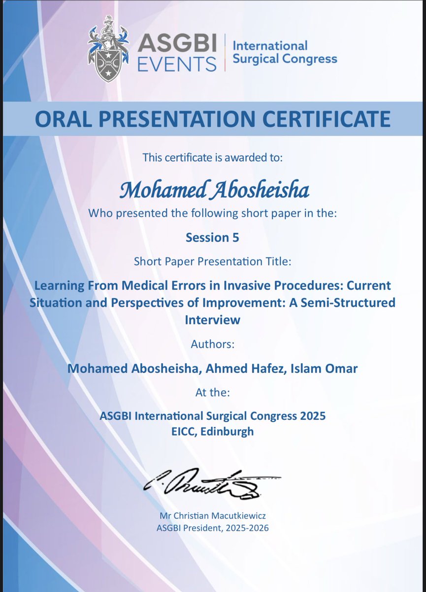 Honoured to present our work “Learning From Medical Errors in Invasive Procedures: Current Situation and Perspectives of Improvement: A semi-structured interview” at #ASGBI2025. 

Huge thanks to my colleagues <a href="/IslamOmar82/">Islam Omar, MB BCh, MSc, MRCS, FEBS/GenSurg, ChM</a> <a href="/MaDeGy/">Ahmed Tarek Hafez</a> 

Pushing forward on #PatientSafety in surgery.