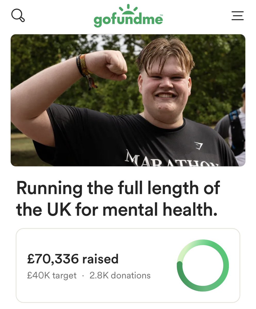 My son and his friend <a href="/Thehullboy1/">Thehullboy</a> will complete their Lands End to John O Groats challenge for Mind tomorrow, with Marcus (TheHullBoy) becoming the youngest person at 17 to run the length of the UK. Their fundraising total is just under £71,000 🏃💪🏻 🙌 gofund.me/36e91e25
