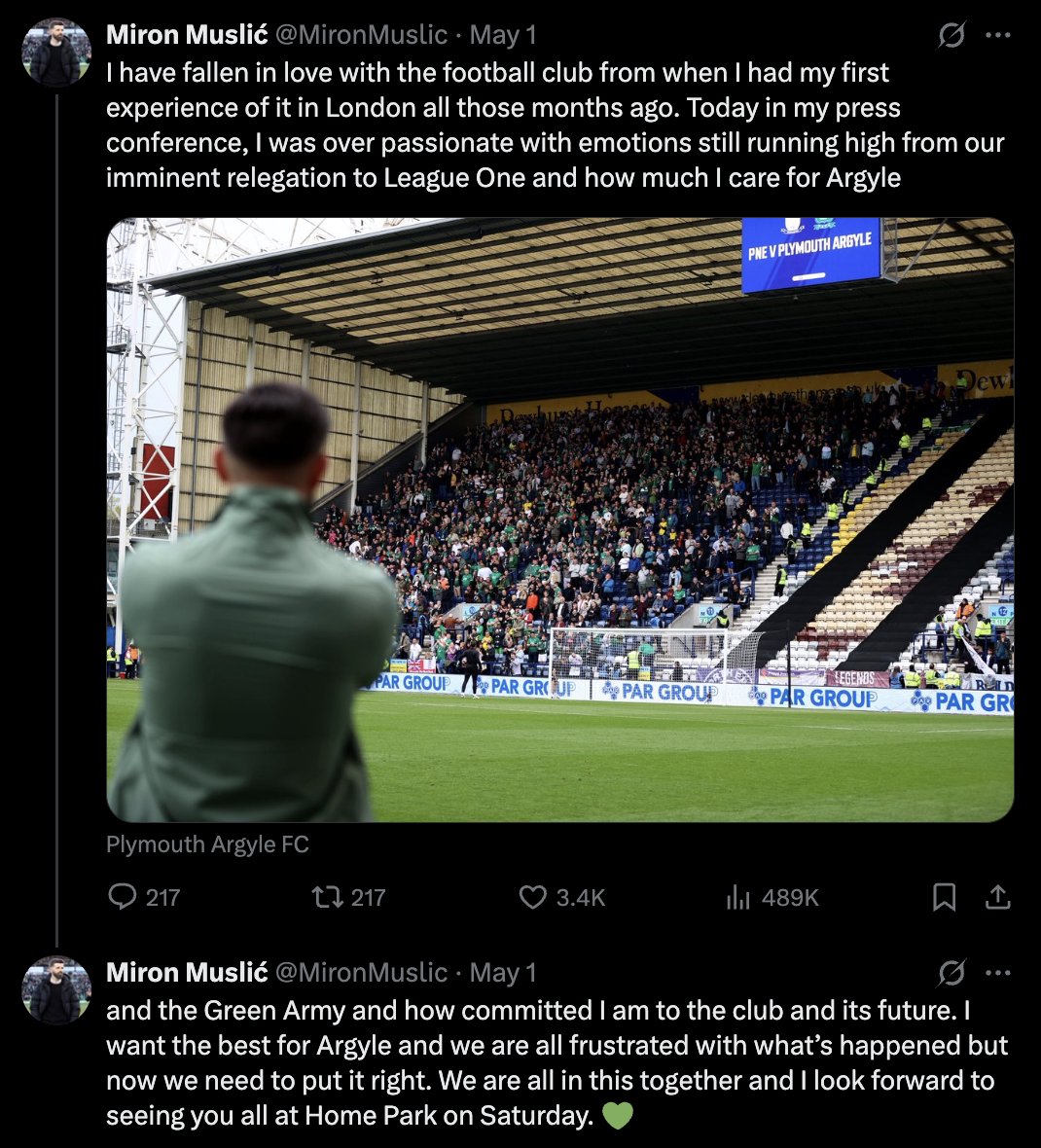 Things can change so quickly in football, but I feel Plymouth Argyle and their supporters can feel hard done by with this decision to move on...🟢

Less than a month ago, Miron Muslic said how much he loves and cares for the club and is committed.

Today, he leaves #Argyle.

Wow.