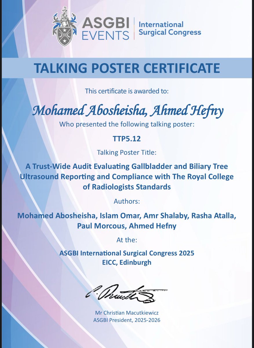 Delighted to present three talking posters at #ASGBI2025

Huge thanks to my colleague <a href="/IslamOmar82/">Islam Omar, MB BCh, MSc, MRCS, FEBS/GenSurg, ChM</a> for collaboration and support.