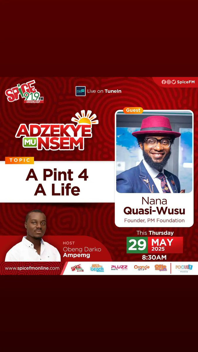 Spice919fm's tweet photo. Save lives with PM Foundation! 💉Nana Quasi Wusu, founder of PM Foundation is LIVE on Adzekyee Mu Nsem as he shares details about their upcoming blood donation exercise. Tune in! 📻 #BloodDonation #PMFoundation #SpiceFM https://t.co/kXFaQKlGLc