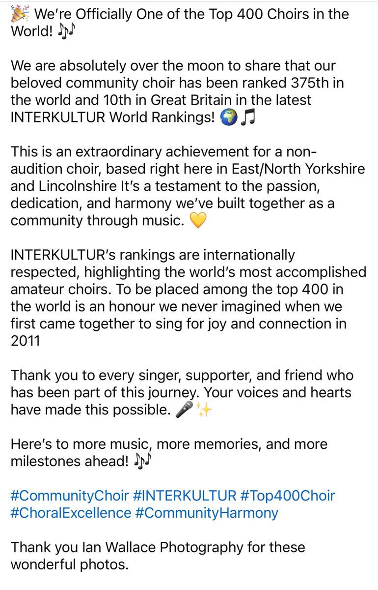 AFOChoir's tweet photo. 🎉 We’re ranked 375th in the world &amp; 10th in Great Britain in the @INTERKULTUR_com rankings! 🌍🎶
Amazing for a non-audition community choir from East/North Yorkshire &amp; Lincolnshire! 💛
Thanks to every singer &amp; supporter!
📸 Ian Wallace
🔗 https://t.co/GZg9BGV36N https://t.co/p5KPYHg1P7