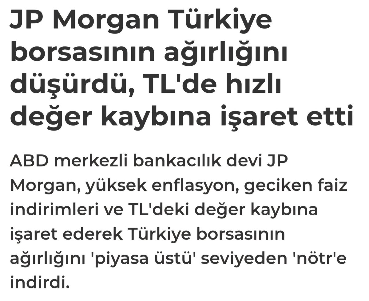 Endişelerim boşa çıkmadı. O kadar olumlu haberi pompalayıp, o günden bu yana piyasayı düşürdüler.

Ama şu JP Morgan'ın Türkiye Borsası ile ilgili olumsuz haberini görünce umutlandım açıkçası artık 😀
#bist100