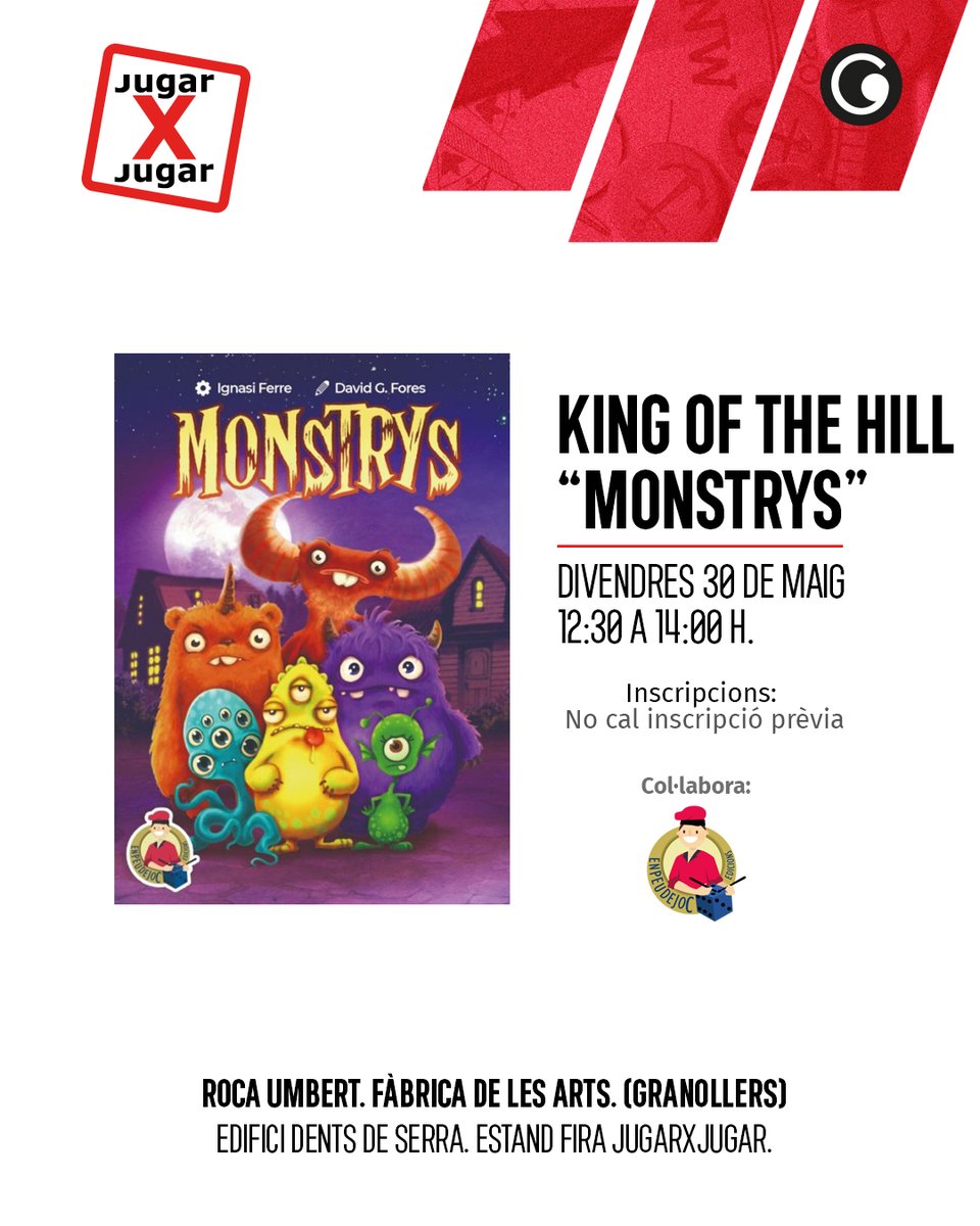 🧠 King of the Hill: “Monstrys” en la Fira JugarxJugar

¿Quieres demostrar quién manda? Participa en King of the Hill: “Monstrys”, un duelo 1 contra 1 donde solo los más fuertes —¡y rápidos!— se mantendrán en la cima.

#firajugarxjugar