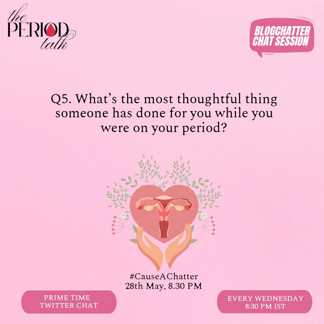 blogchatter's tweet photo. Q5. What’s the most thoughtful thing someone has done for you while you were on your period?
#CauseAChatter https://t.co/gyzmPMgwuh