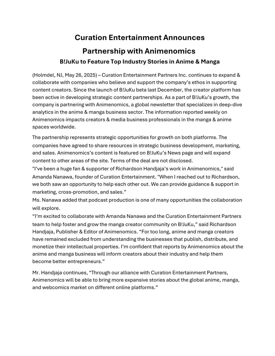 animenomicsnews's tweet photo. FOR IMMEDIATE RELEASE

Animenomics is entering into a strategic partnership with @curationbooks to bring more expansive stories about the global anime, manga, and webcomics market on different online platforms like @BiJuKu_official. https://t.co/406udYLx1u