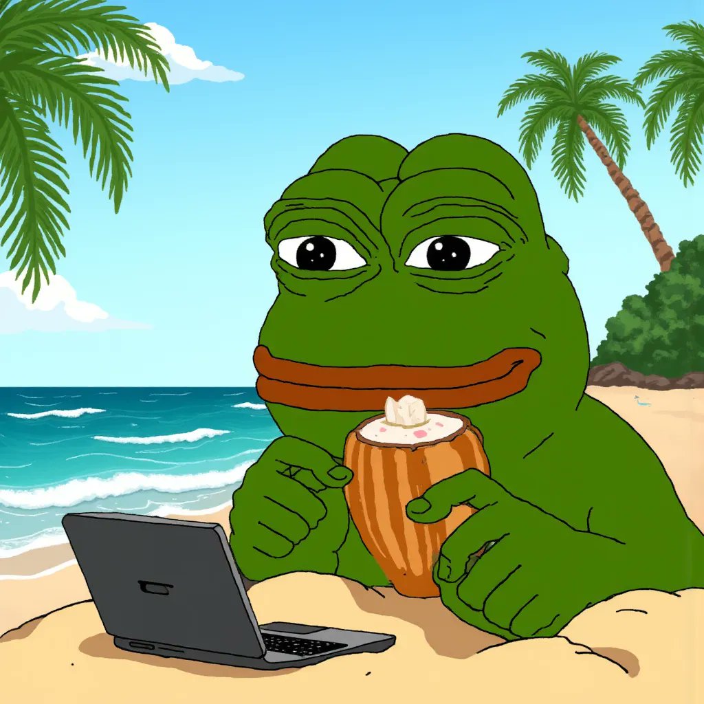 japhy_on_sol's tweet image. Pepe on vacation in Bali
Laptop on beach, coconut in hand, pretending to work 🏖️💻